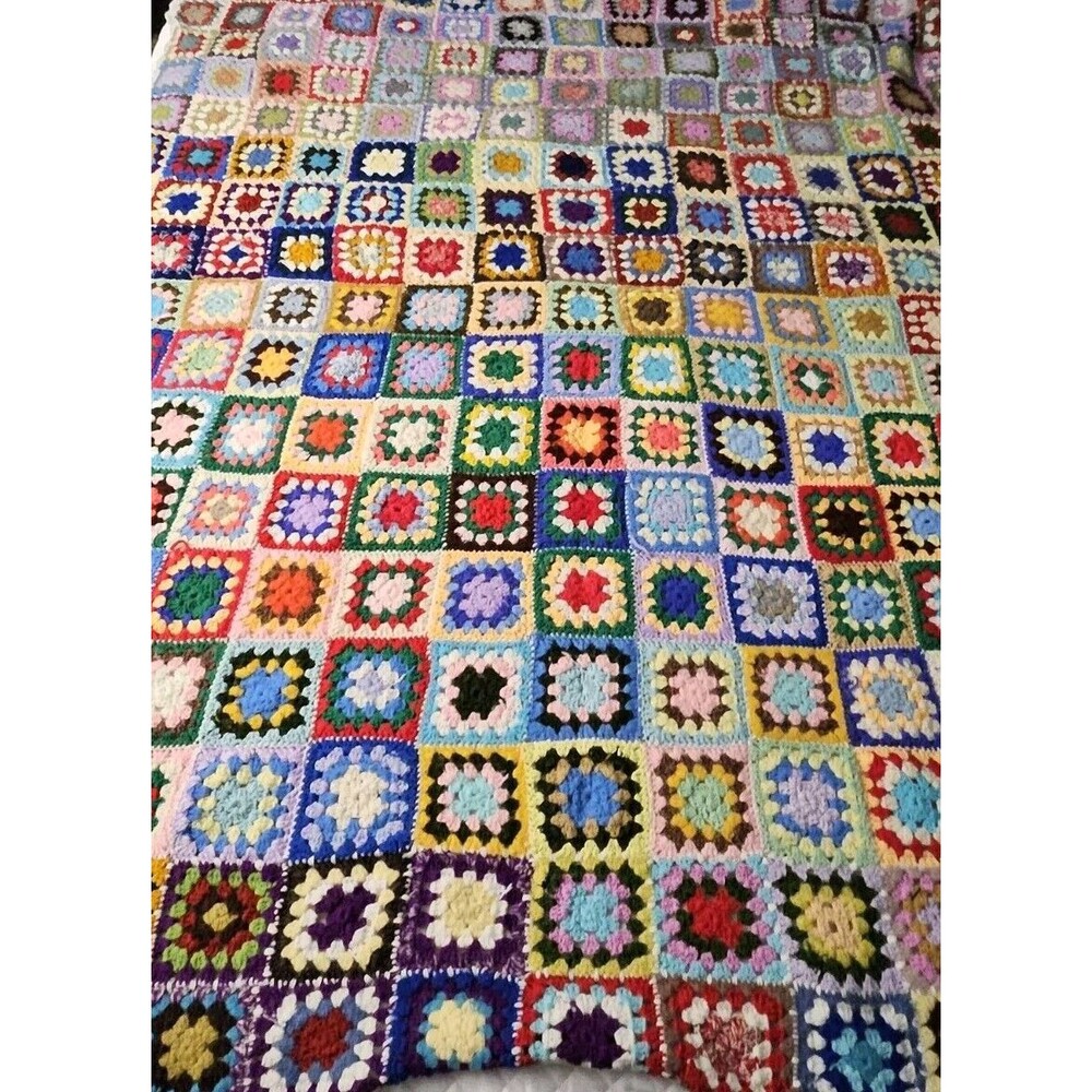 Vintage Multi Color Granny Square Crochet Afghan  74" x 65"